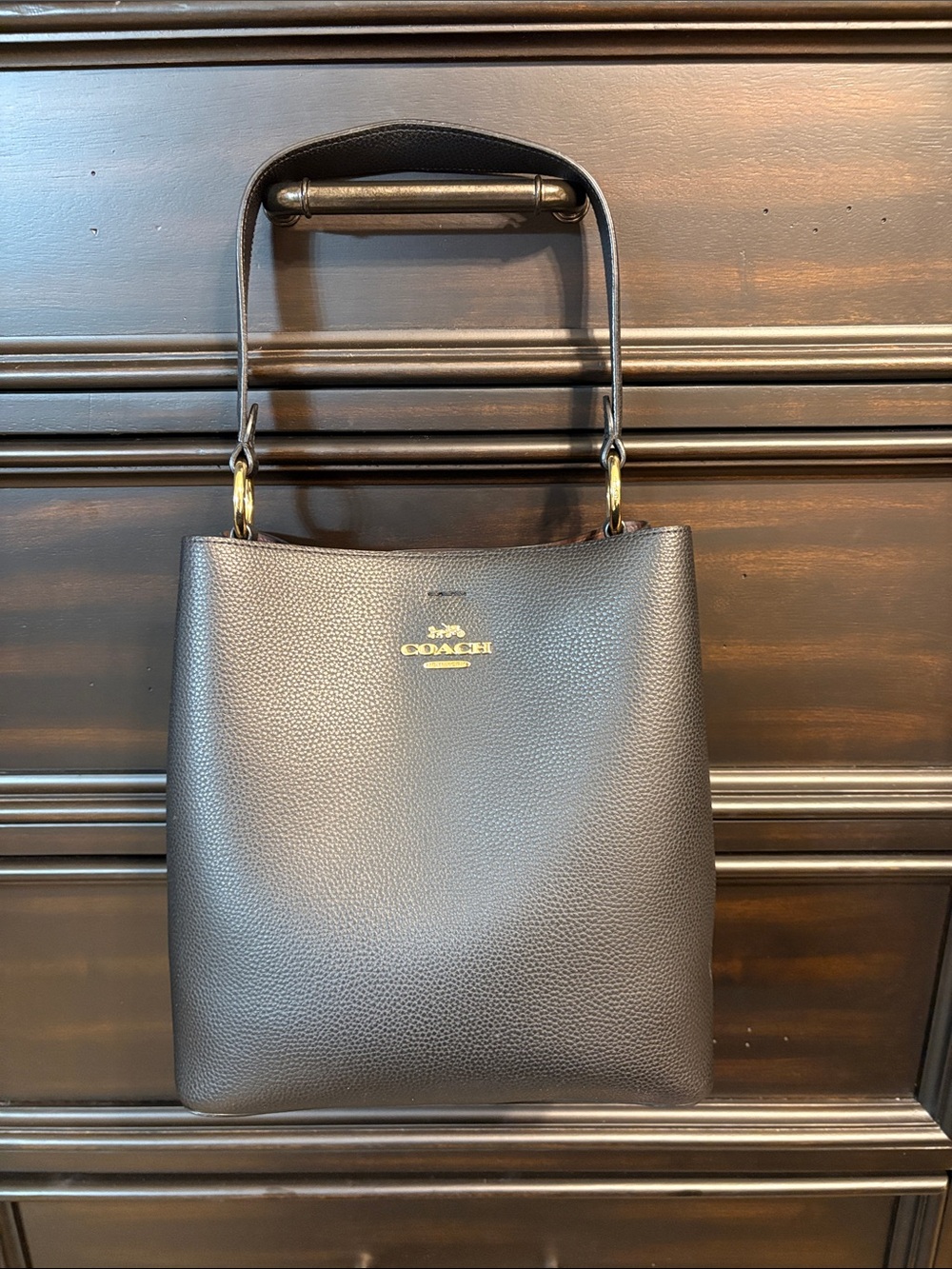 Coach Black Pebbled Leather Shoulder Bag with Gold Logo